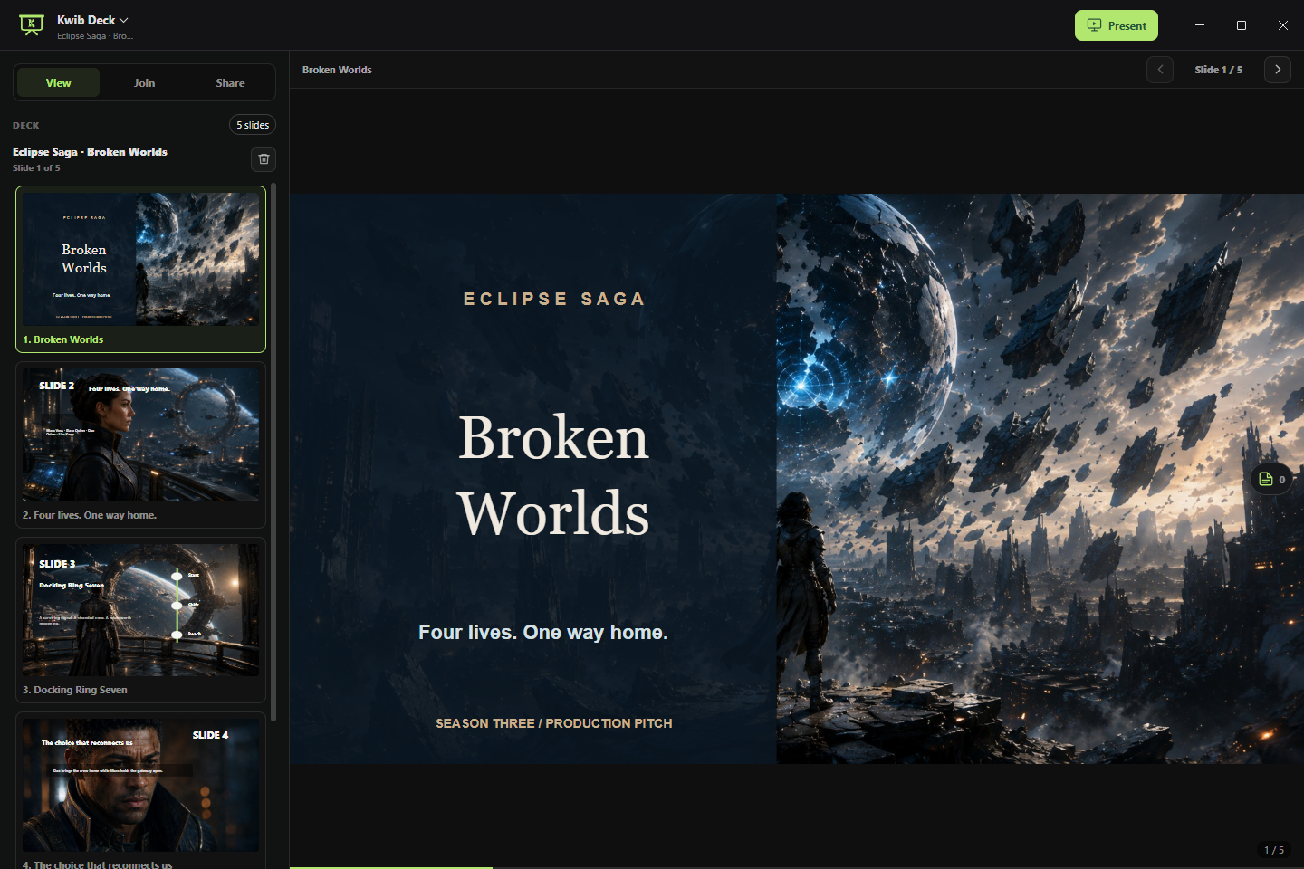 The actual Kwib Preview desktop app with Eclipse Saga: Broken Worlds deck loaded
