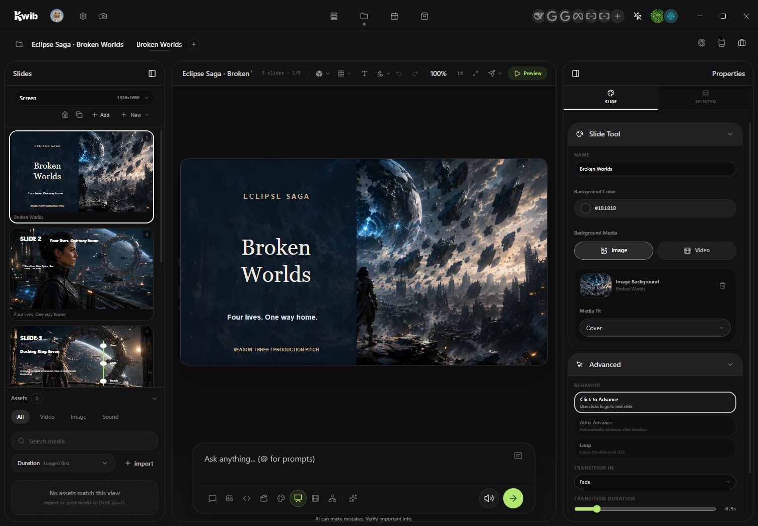 The actual Kwib Deck desktop app with Eclipse Saga: Broken Worlds slide open on the canvas