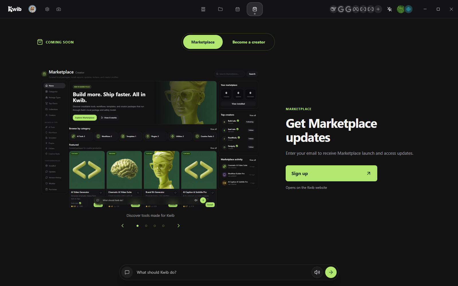 Kwib Marketplace discovery home with categories, featured packages, and creators