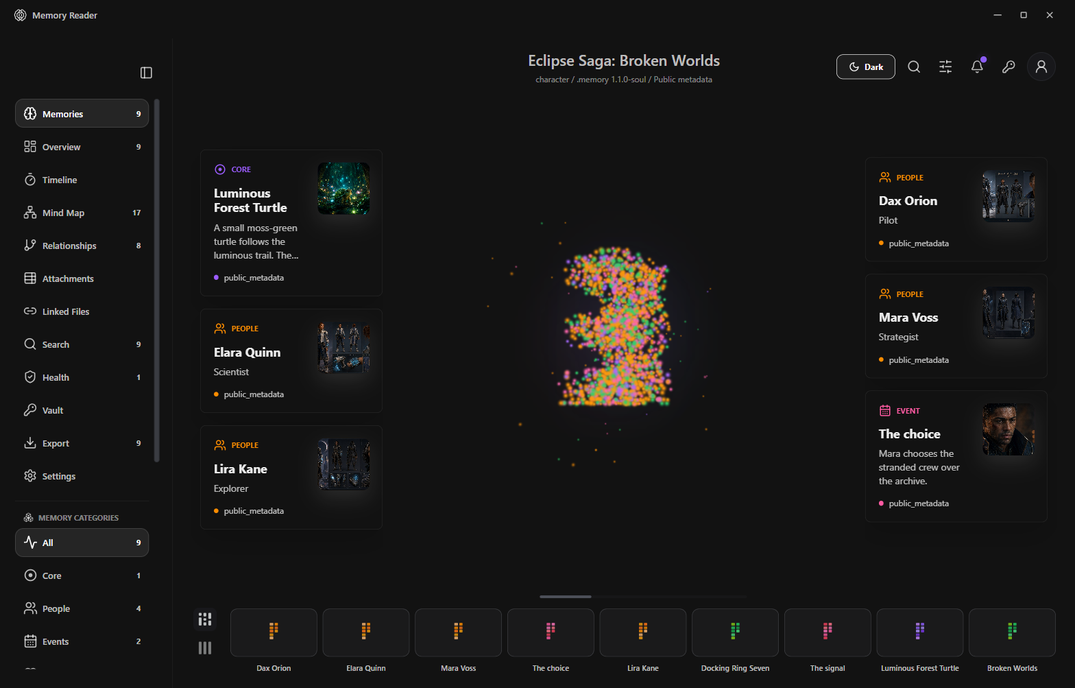 Current Memory Reader displaying Eclipse Saga: Broken Worlds, with the turtle and character reference images, connected memory cards, and the memory initial visualization