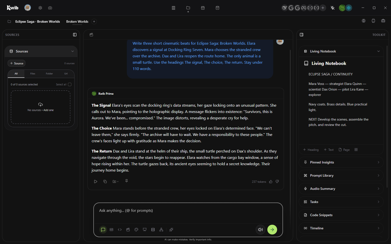 Kwib Chat showing an actual local Llama 3.2 response to the Memory as Shelter prompt