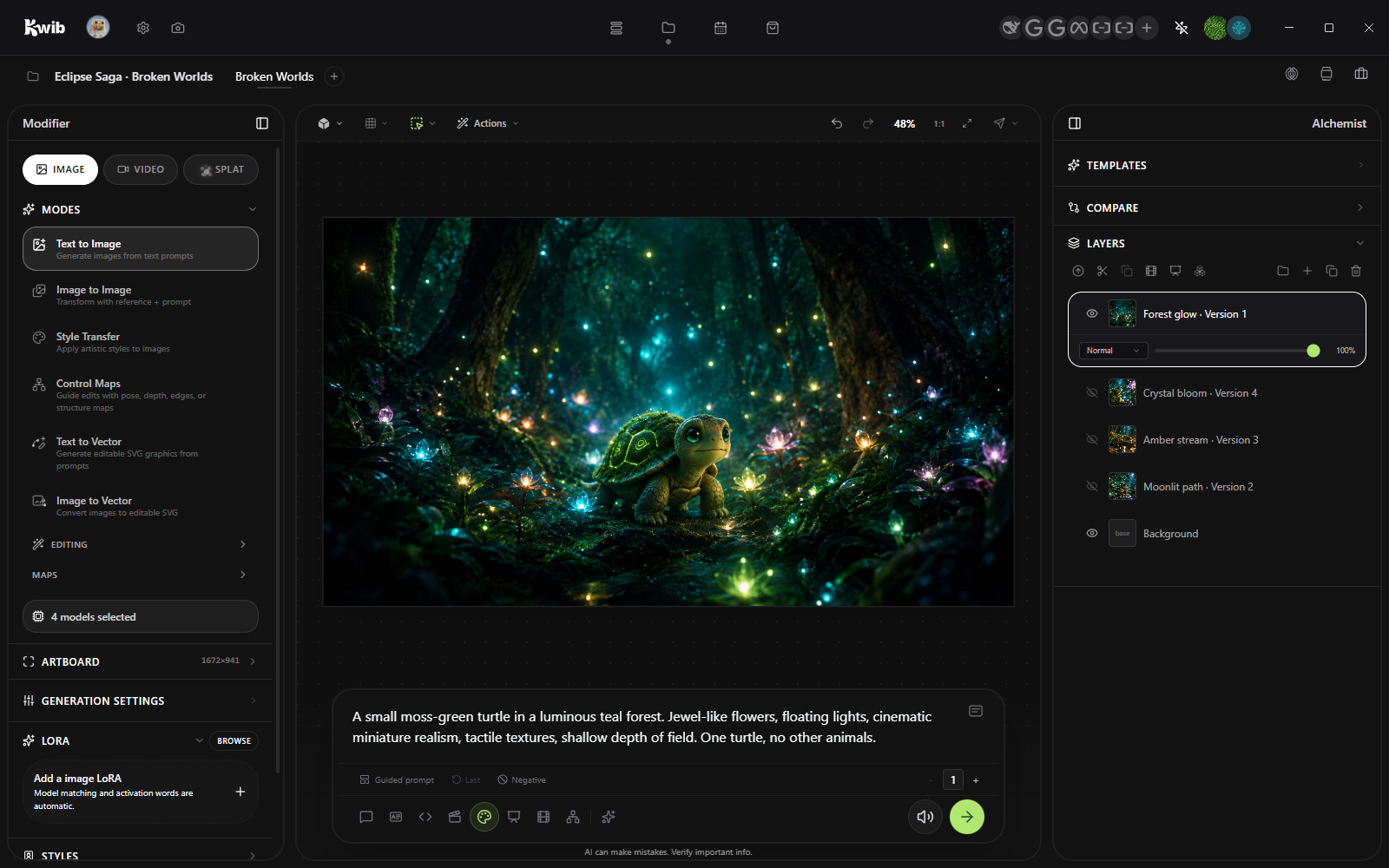 Kwib Studio with four models selected, four turtle image layers, and the normal negative-prompt control